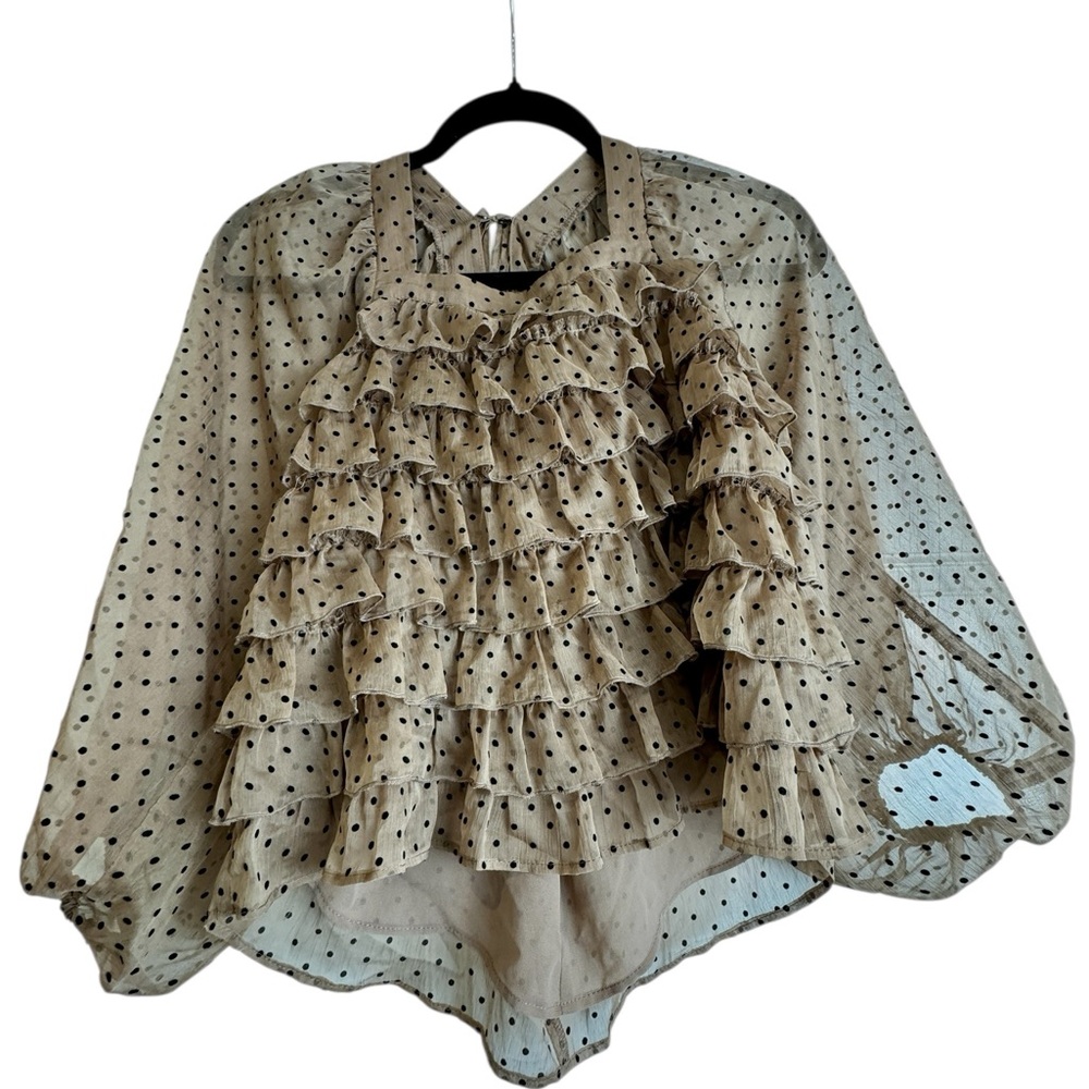 Versona Ruffle (lined body) Polka Dot Blouse Puffy Sheer Sleeves XS - Picture 2 of 7